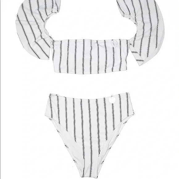 Forever 21 2pc Bikini high waisted swimsuit size L blue and white stripe New tag - Picture 1 of 9